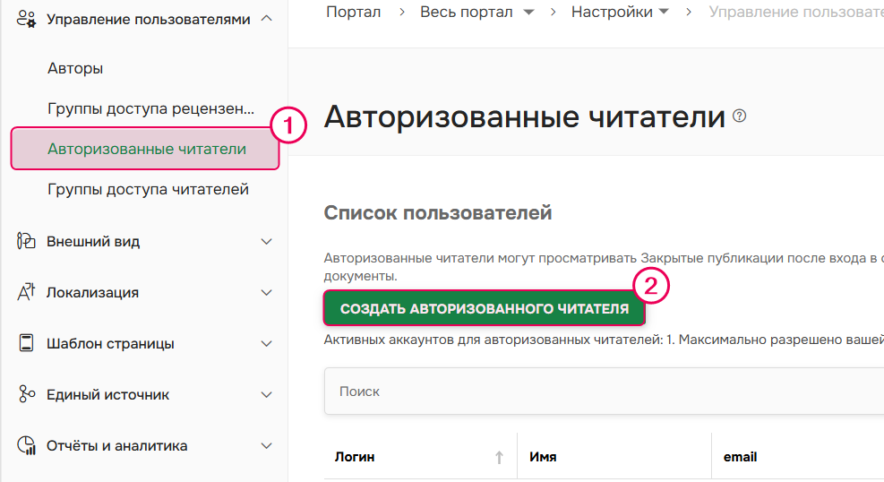 Кнопка "Создать авторизованного читателя" в настройках