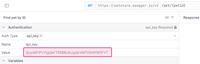 Раздел аутентификации в окне "Try request".