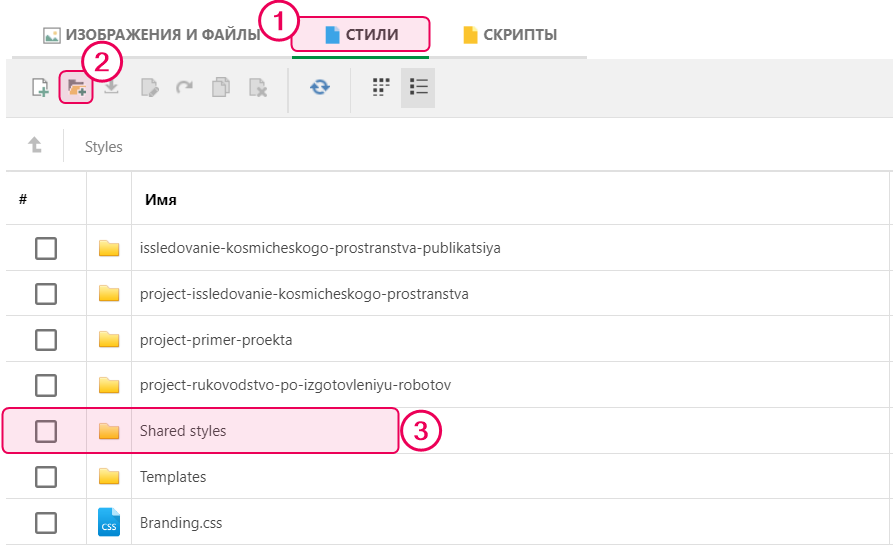Создайте новую папку для общих файлов стилей в диспетчере файлов.