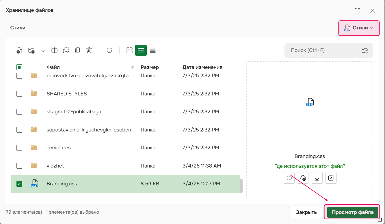 Branindg.css файл в хранилище файлов.