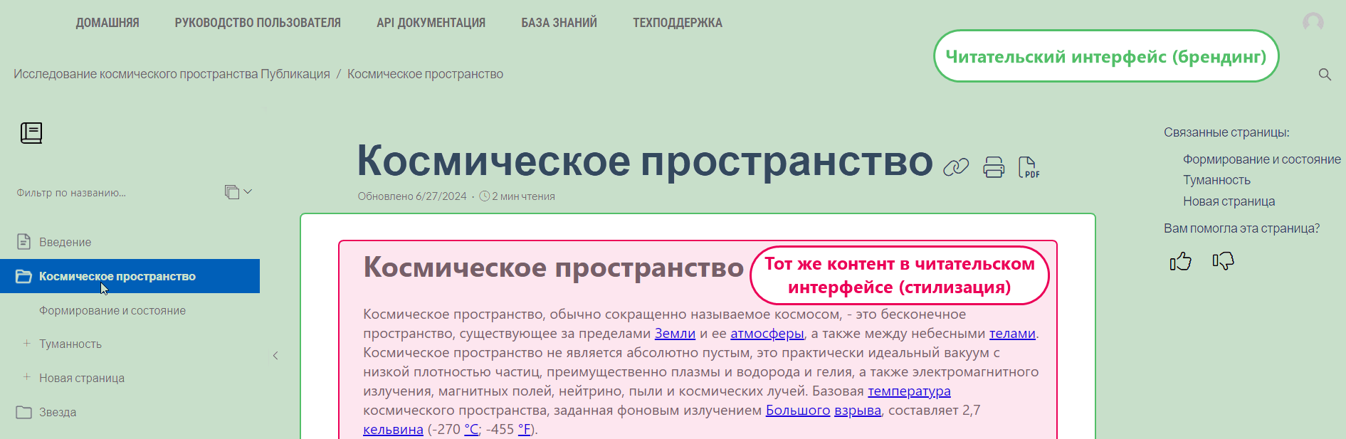 Читательский интерфейс с отображением области контента