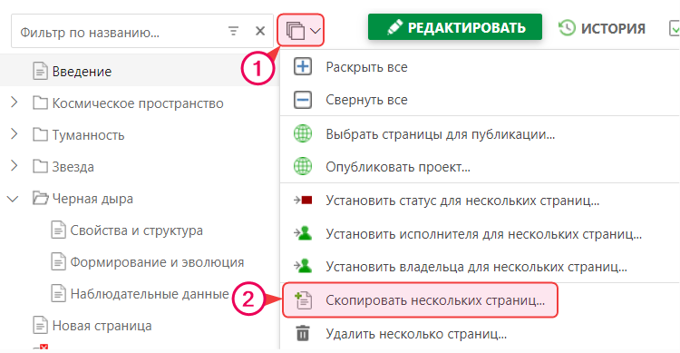 Опция «Копировать несколько страниц» в Дереве страниц
