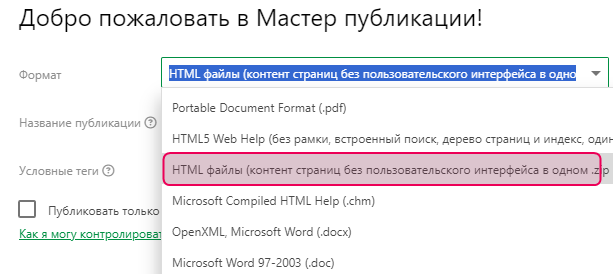 Опция HTML-файлов в Мастере публикаций