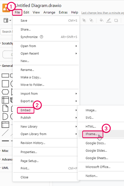 Откройте файл диаграммы в draw.io и нажмите кнопку контейнера iframe, чтобы скопировать разметку