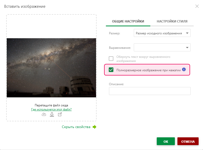 Опция «Расширяемое изображение» в свойствах изображения.