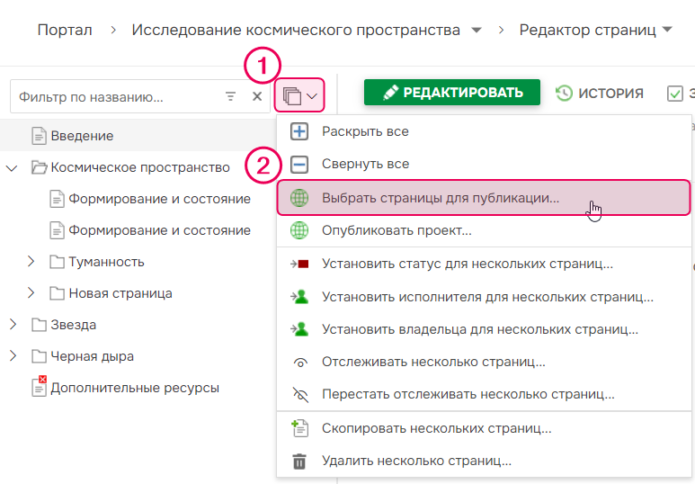 Нажмите на ссылку «Выбрать страницы для публикации» в Дереве страниц