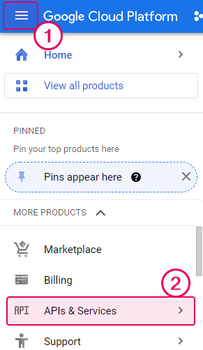 Кнопка «API и сервисы» в меню навигации консоли Google Cloud
