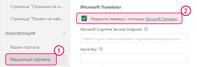 Чекбокс «Разрешить перевод с помощью Microsoft Translator».