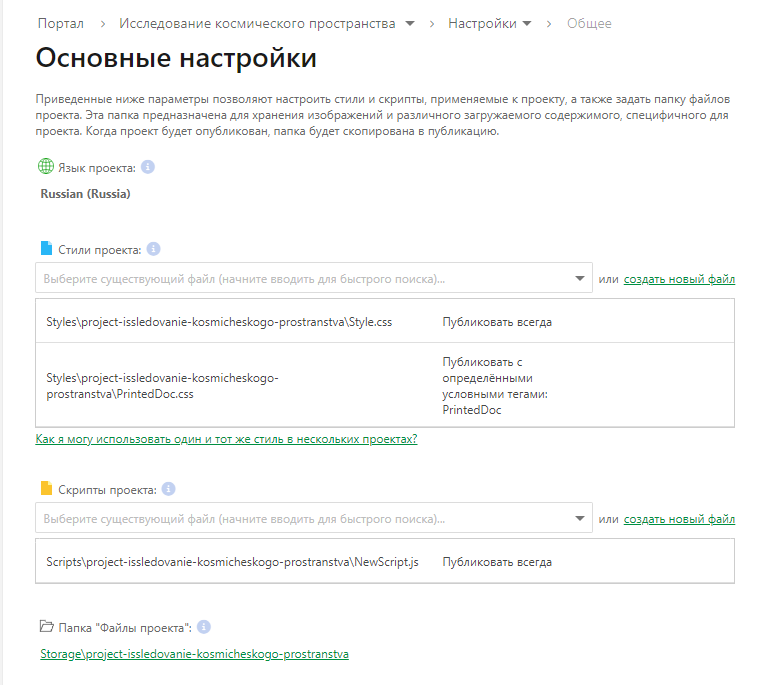 Страница основных настроек проекта
