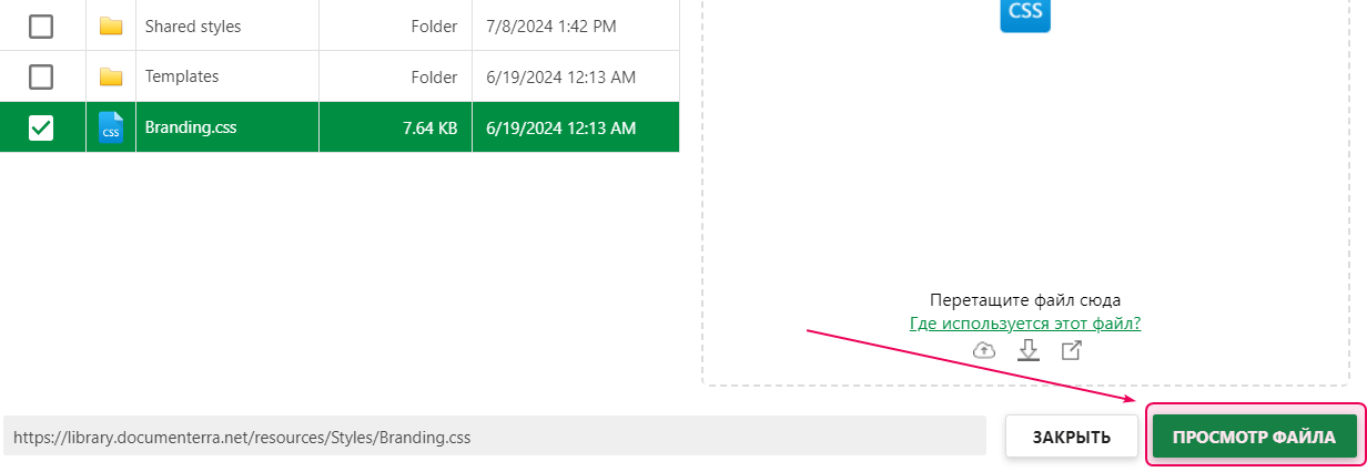 Кнопка просмотра файла в хранилище файлов