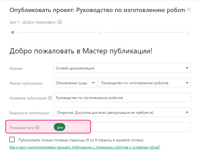 Указание условного тега в мастере публикации
