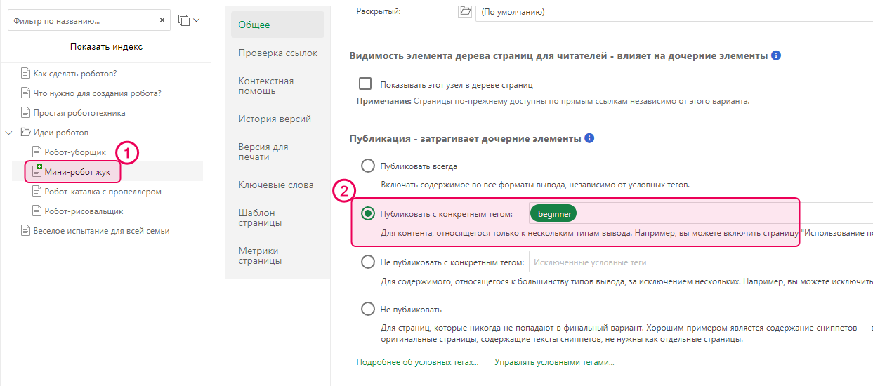 Поставьте галочку в чекбоксе «Опубликовать с определенными тегами» в свойствах страницы