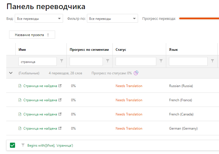 На панели управления переводчика применена фильтрация для отображения страниц 404 Не найдено