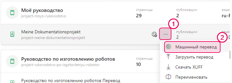 Кнопка «Машинный перевод» на странице «Проекты»