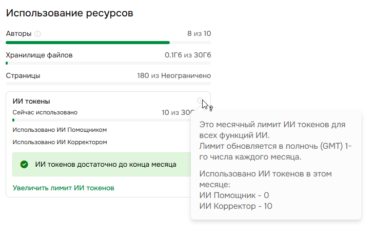 Использование и лимиты ИИ Токенов на странице подписки