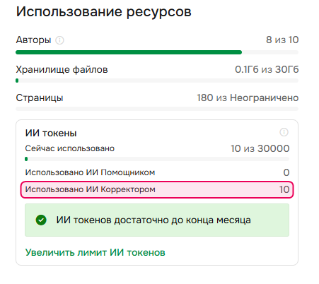 Сколько токенов использовано ИИ Корректором