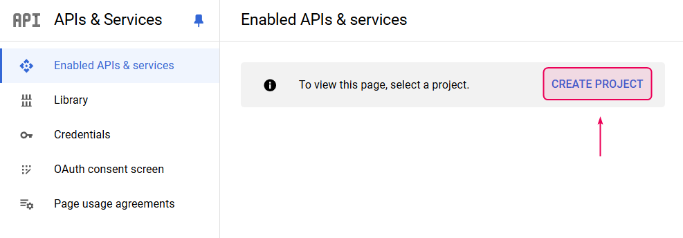 Создание нового проекта в Google Developer Console.