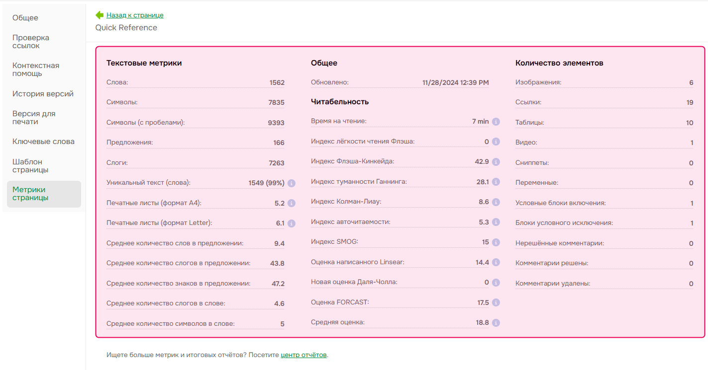 Отображение всех метрик страницы.