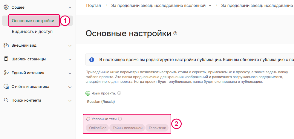 Список условных тегов, использованных при создании или обновлении публикации в настройках публикации.