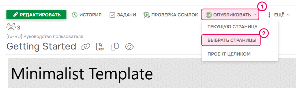 Выбрать страницы для публикации.