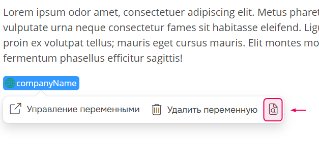Иконка Глобального поиска и замены в опциях переменной.