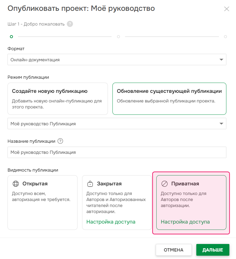 Приватная видимость публикации.