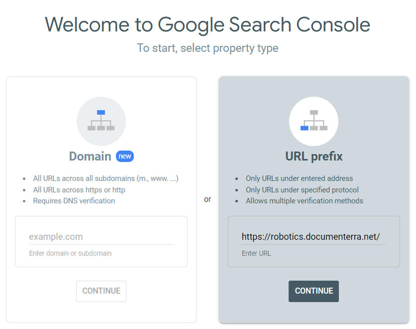 Ввод URL-адрес портала в Google Search Console.