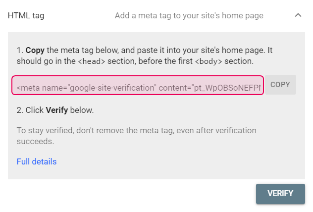 HTML-тег в Google Search Console.