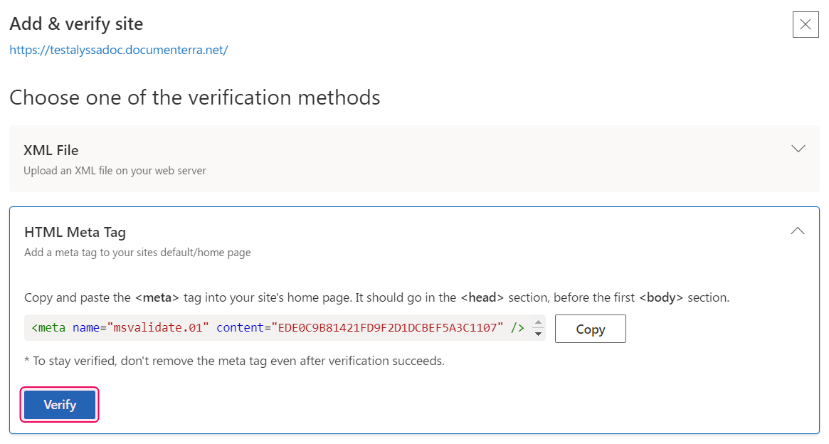 Верификация портала в Bing Webmaster.