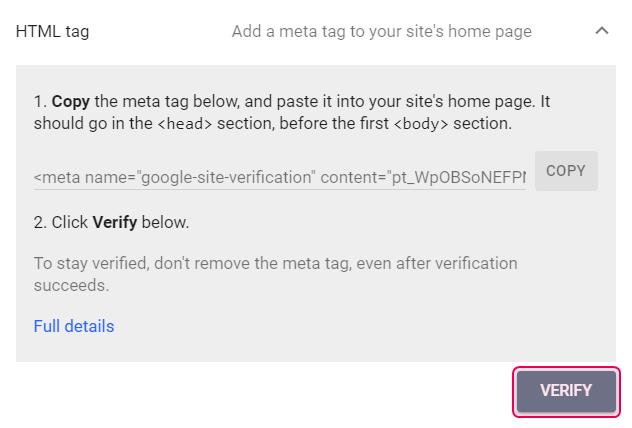 Проверка портала в Google Search Console.