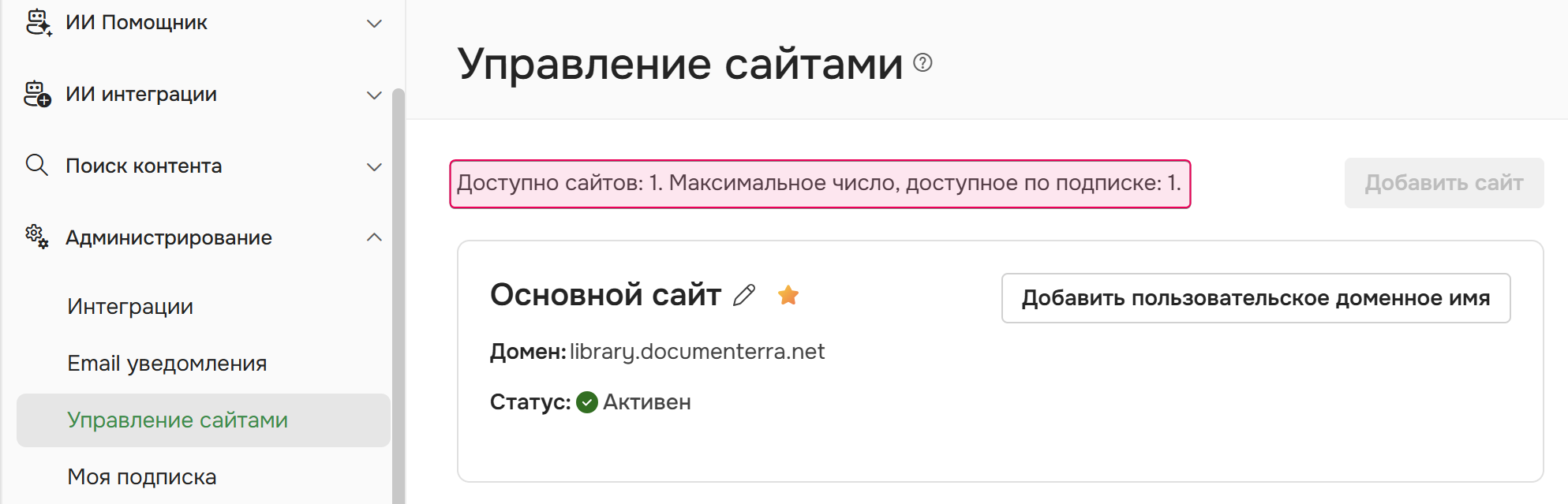 Максимальное число сайтов, доступное по подписке