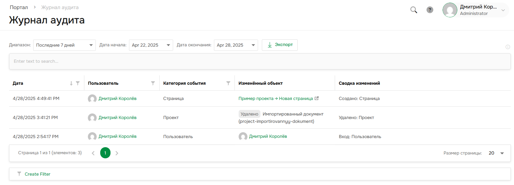 Страница Журнала аудита.